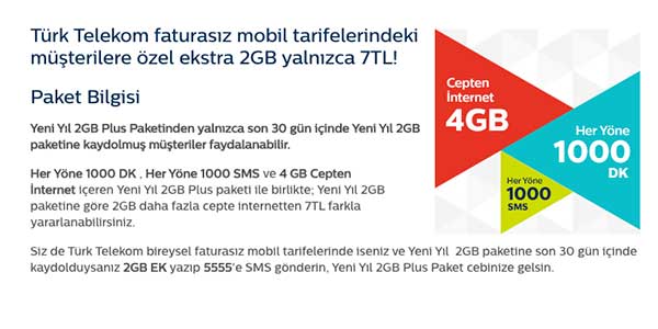 Türk telekom yeni yıl plus paketi 1000 dakika 4gb internet 26 TL