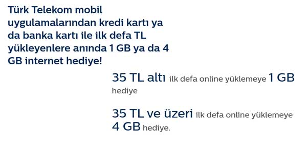 Türk Telekom mobil uygulamadan TL yükleyene 4gb internet hediye